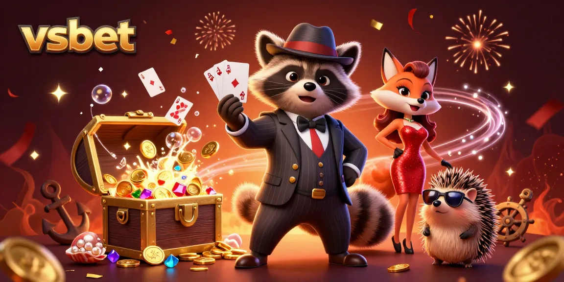 Experience casino excitement at vsbet with suave raccoon and friends in a vibrant, colorful scene!