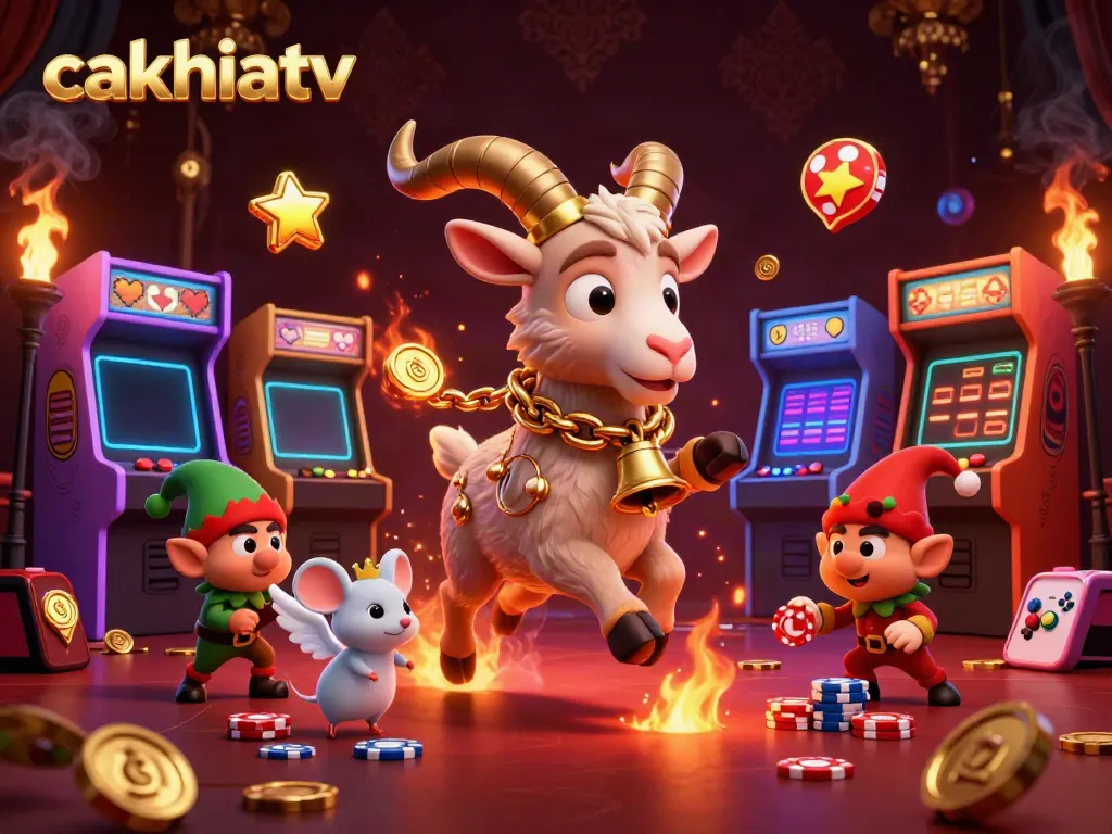 Experience the excitement at cakhiatv with a festive Krampus goat and mischievous elf gremlins in a vibrant casino scene.