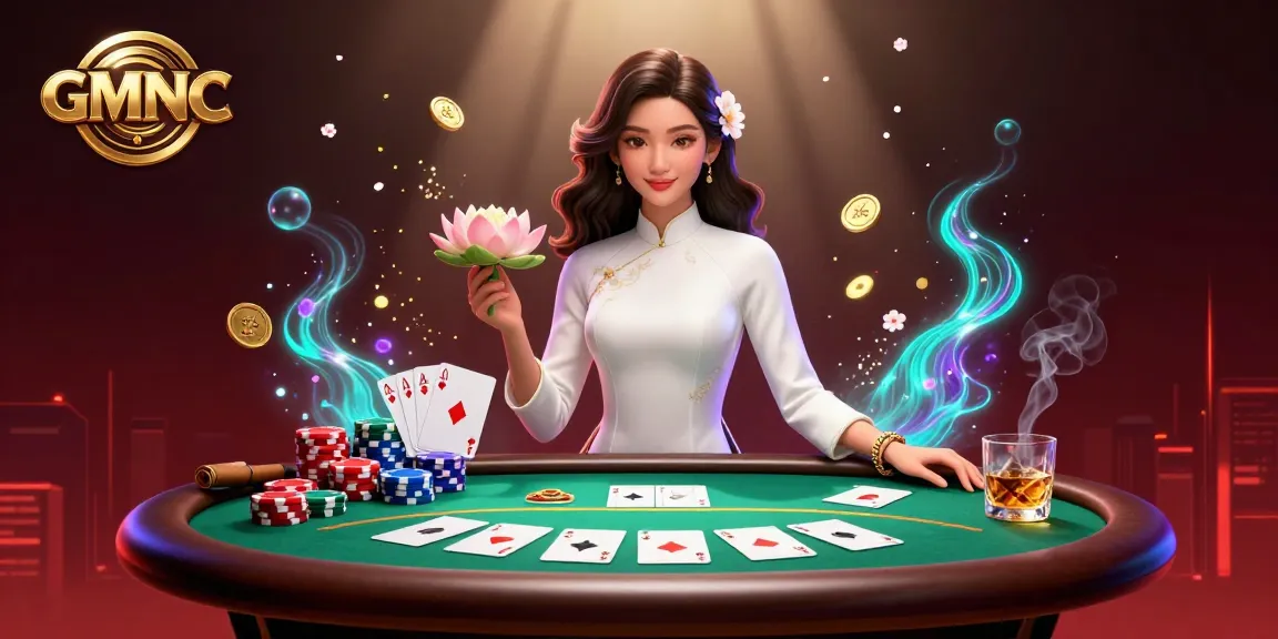 Participate in dynamic gambling action with GMNC as a stunning woman embraces luck and fortune.
