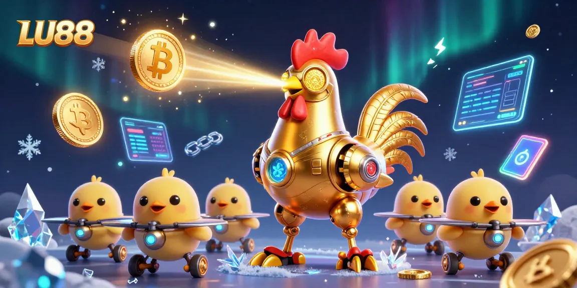 LU88 features a vibrant scene with a golden rooster robot and crypto elements, creating an engaging casino atmosphere.