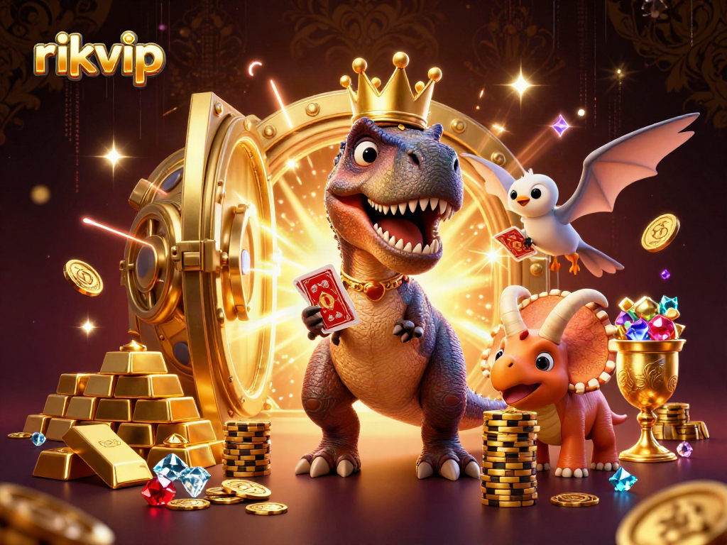 Engage in thrilling games at rikvip featuring vibrant dinosaurs, gold treasure, and casino elements.