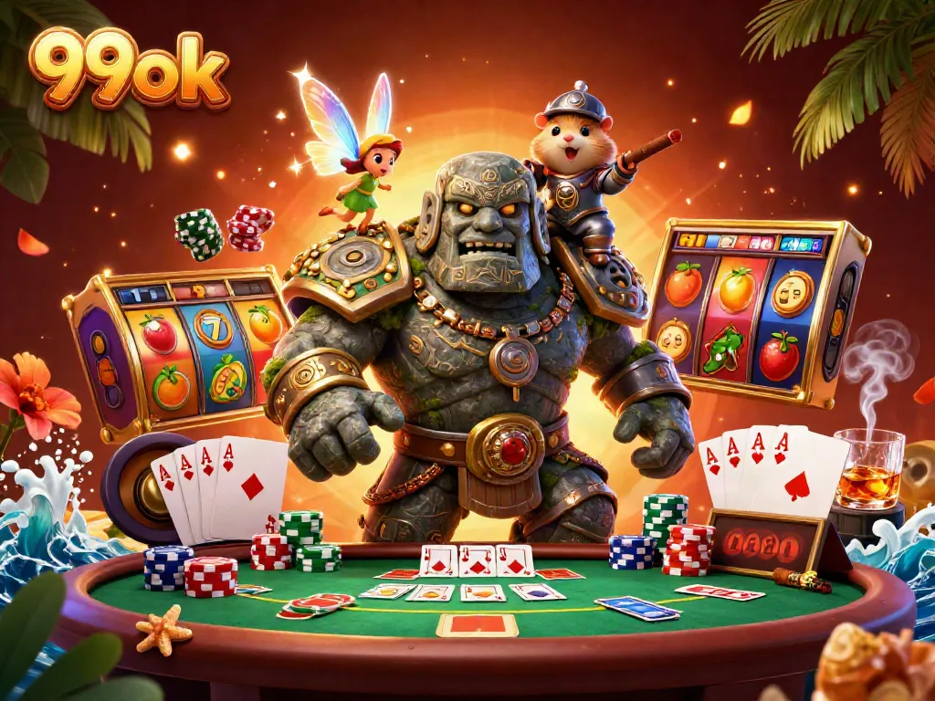 Experience thrilling slots at 99ok with a lively illustration featuring an enchanted golem and vibrant symbols.