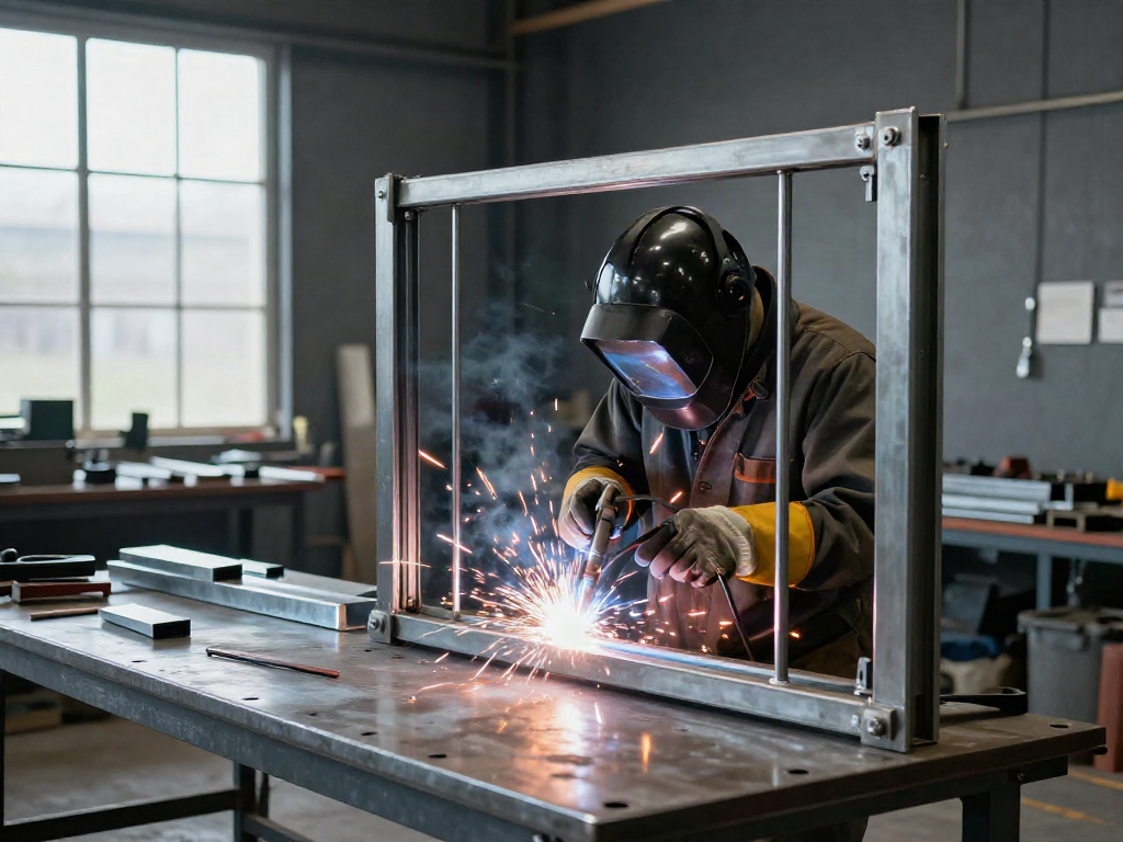 Skilled metal fabricator welding a custom gate in a professional workshop.