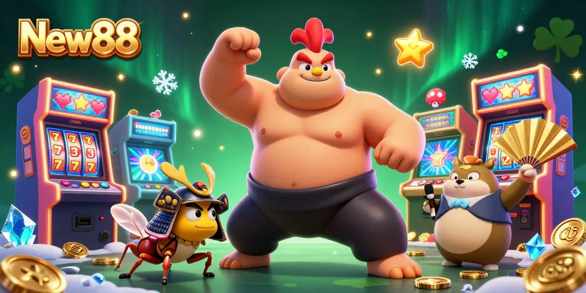 Engage with exciting gaming at New88, where vibrant characters celebrate thrilling jackpots and casino fun.