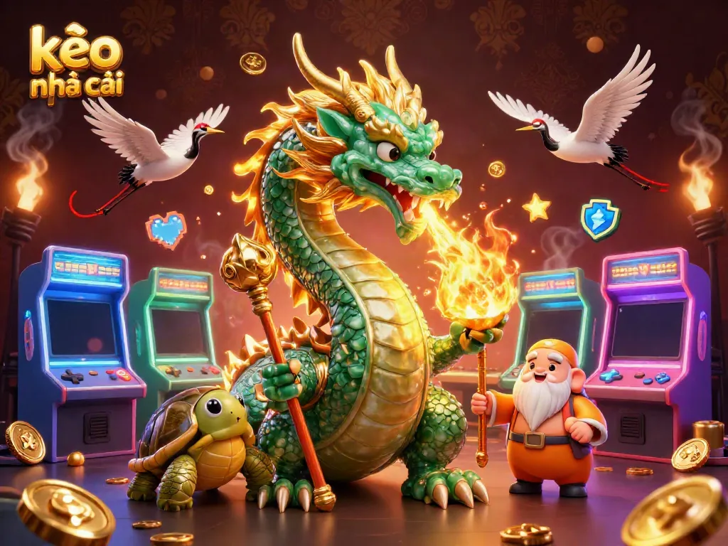 Engage with kèo nhà cái as a mighty jade dragon breathes golden fire, surrounded by gaming elements.