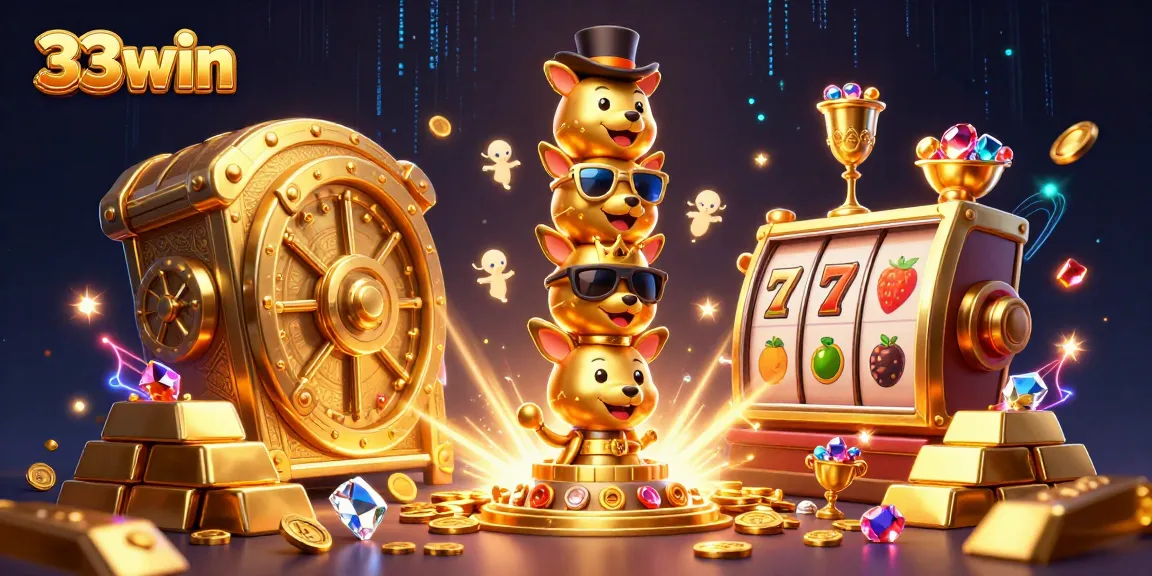 Engage with the vibrant 33win casino world, featuring a dynamic scene of animated characters and rich casino elements.