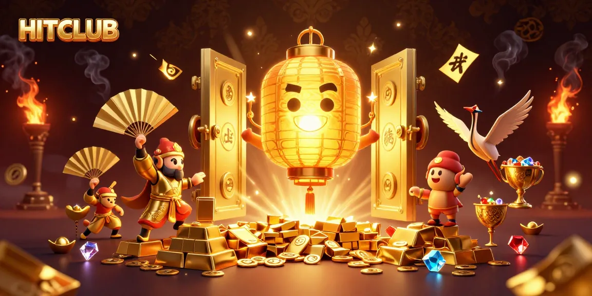 Experience the thrill of HITCLUB with vibrant golden lanterns and treasure in a dynamic casino scene.
