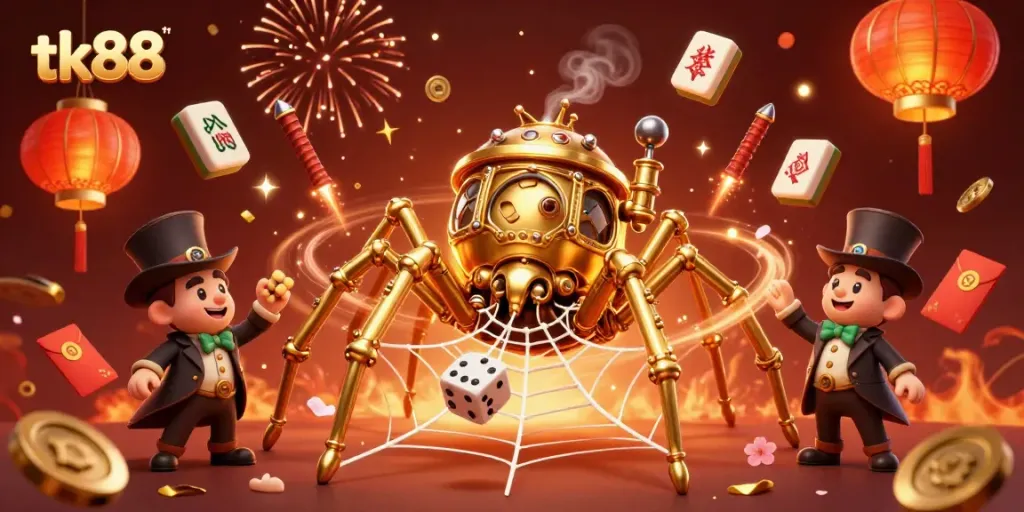 Catch lucky dice in the web of the steampunk spider at tk88 casino, a festive scene.