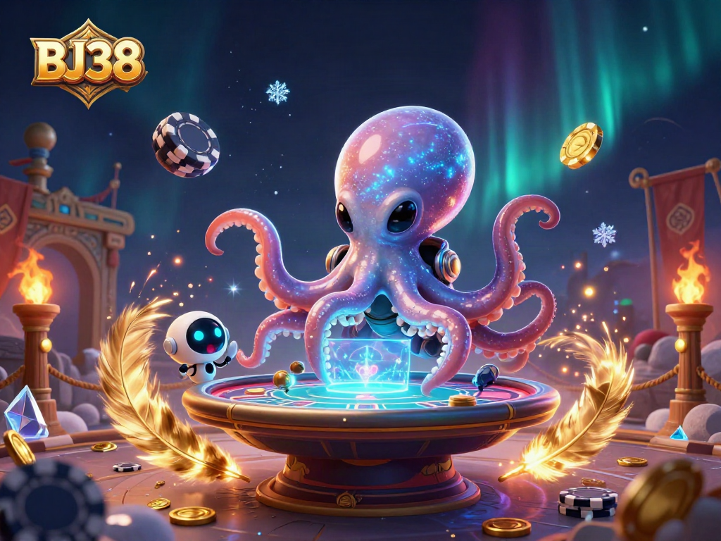 BJ38 engages players at an alien-themed poker table under shimmering cosmic lights.