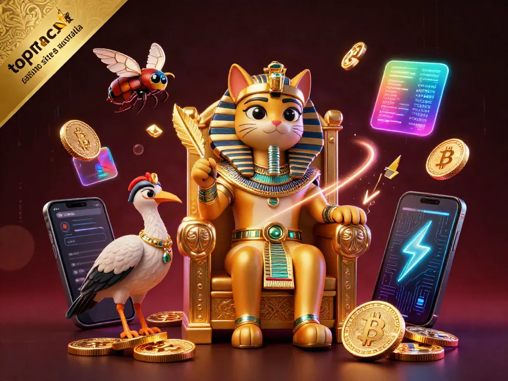 Experience the excitement of top mac casino sites australia with a vibrant 3D illustration featuring an Egyptian cat and crypto elements.