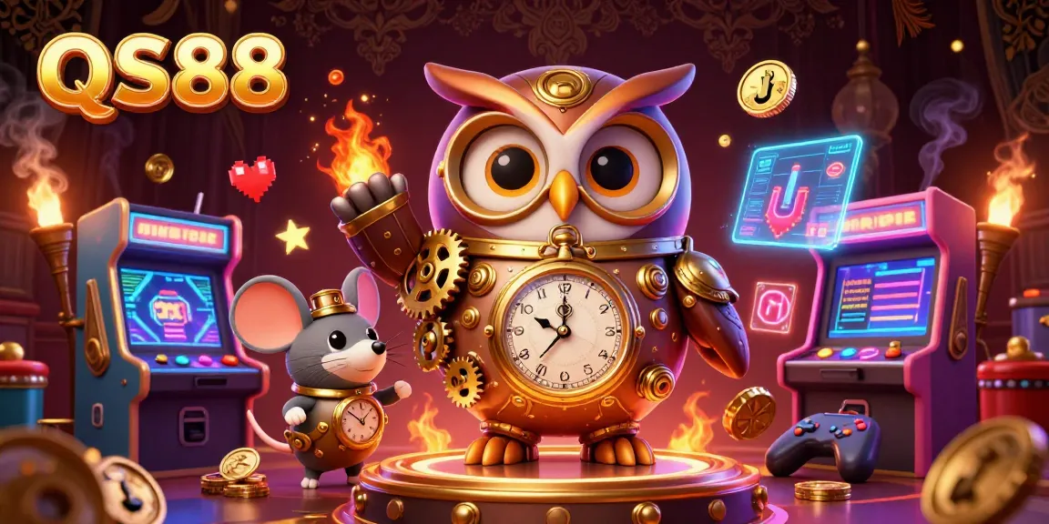 Join the excitement at QS88, featuring a whimsical steampunk owl and a mouse in a vibrant casino atmosphere.