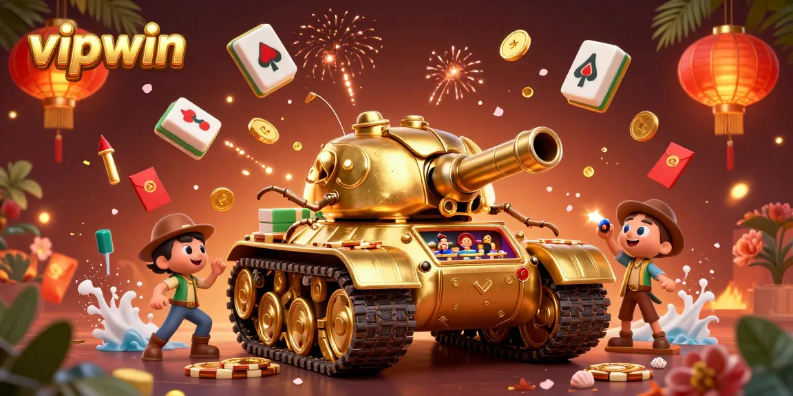 Spin to win at vipwin with a 3D cartoon golden beetle tank casino scene packed with excitement!