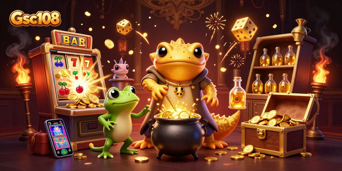Gsc108 showcases a vibrant casino scene with a golden salamander alchemist and jackpot slots.