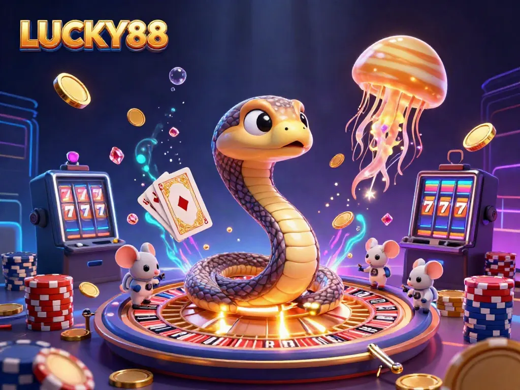 Engage with LUCKY88's thrilling bets in a vibrant cosmic 3D casino scene full of winnings.