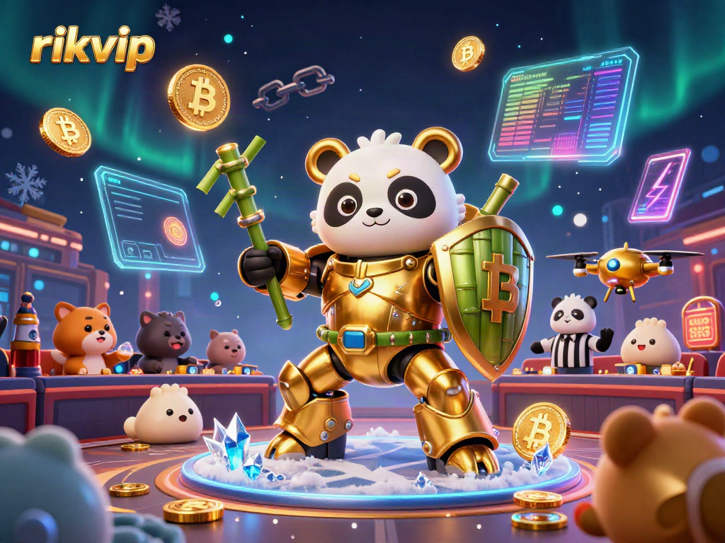 Experience excitement at rikvip with a vibrant 3D illustration of a golden panda and blockchain elements.