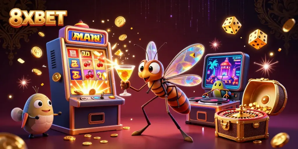 Experience vibrant 8XBET gaming through animated characters in a dynamic casino scene