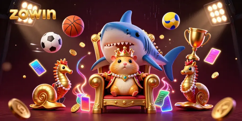 Experience exhilarating gaming at ZOWIN with a vibrant casino scene featuring a golden hamster king in dynamic action.