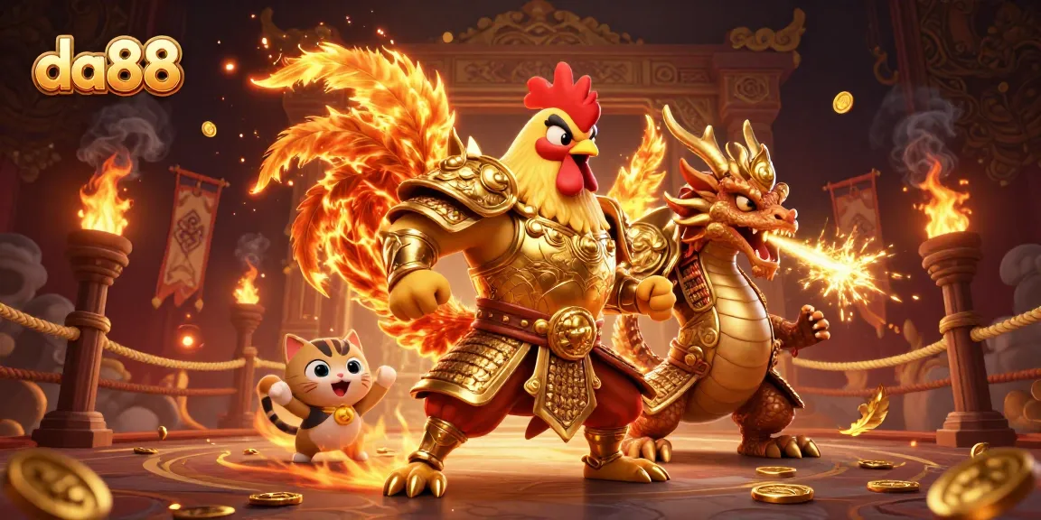 Experience the thrill of da88 with our fighting rooster and dragon in a vibrant casino arena.