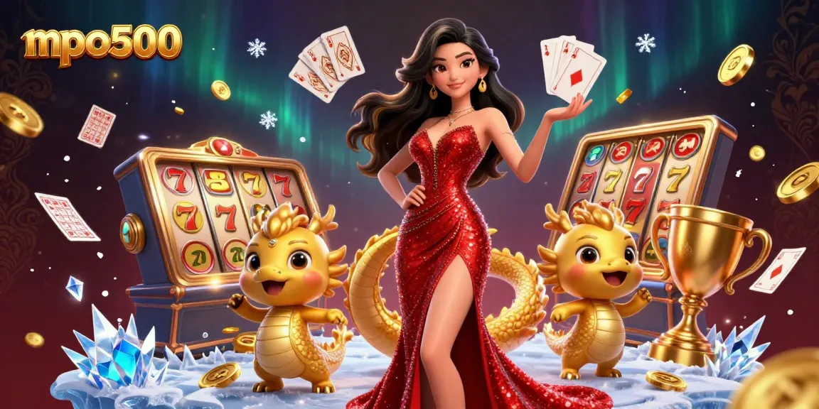 Immerse in mpo500's vibrant gaming scene with a stunning Asian woman, golden dragon, and dynamic slot reels.
