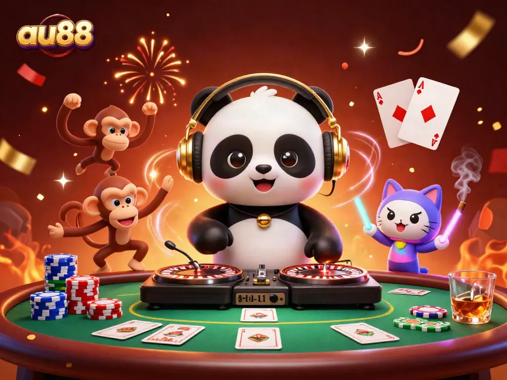 Experience thrilling gaming action with au88 in this vibrant 3D casino scene featuring playful characters and exciting casino elements.