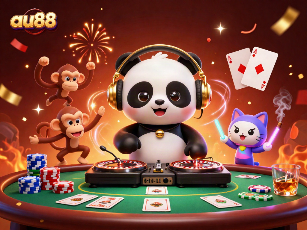 Experience thrilling gaming action with au88 in this vibrant 3D casino scene featuring playful characters and exciting casino elements.