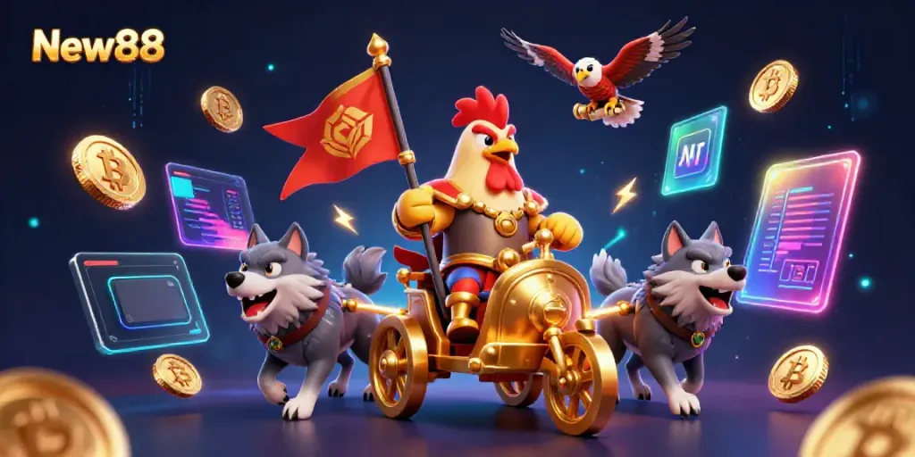 Engage in exciting adventures with New88's dynamic 3D illustration showcasing a rooster warlord and crypto elements.