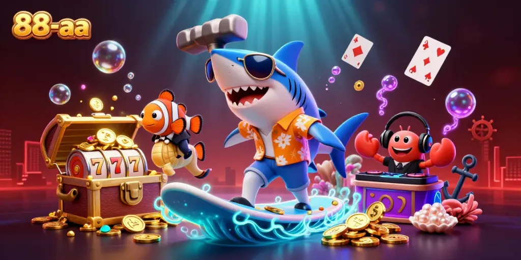 Engaging 88-aa scene with a shark surfing gold coins, representing casino excitement and thrills