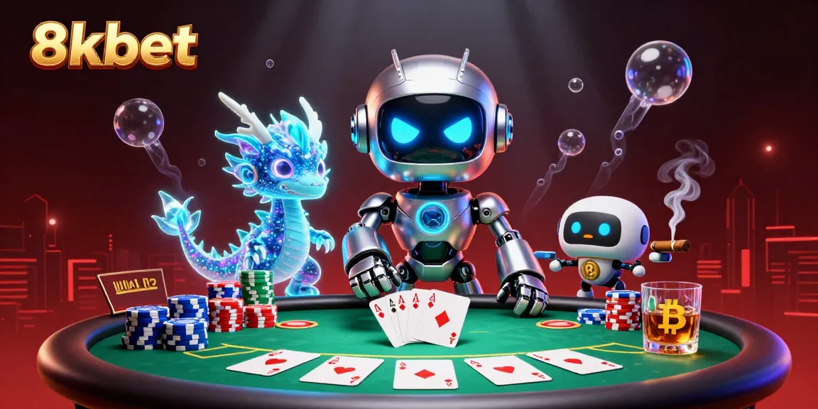 Experience thrilling poker excitement with 8xbet's dynamic 3D casino scene featuring a cool robot mascot.