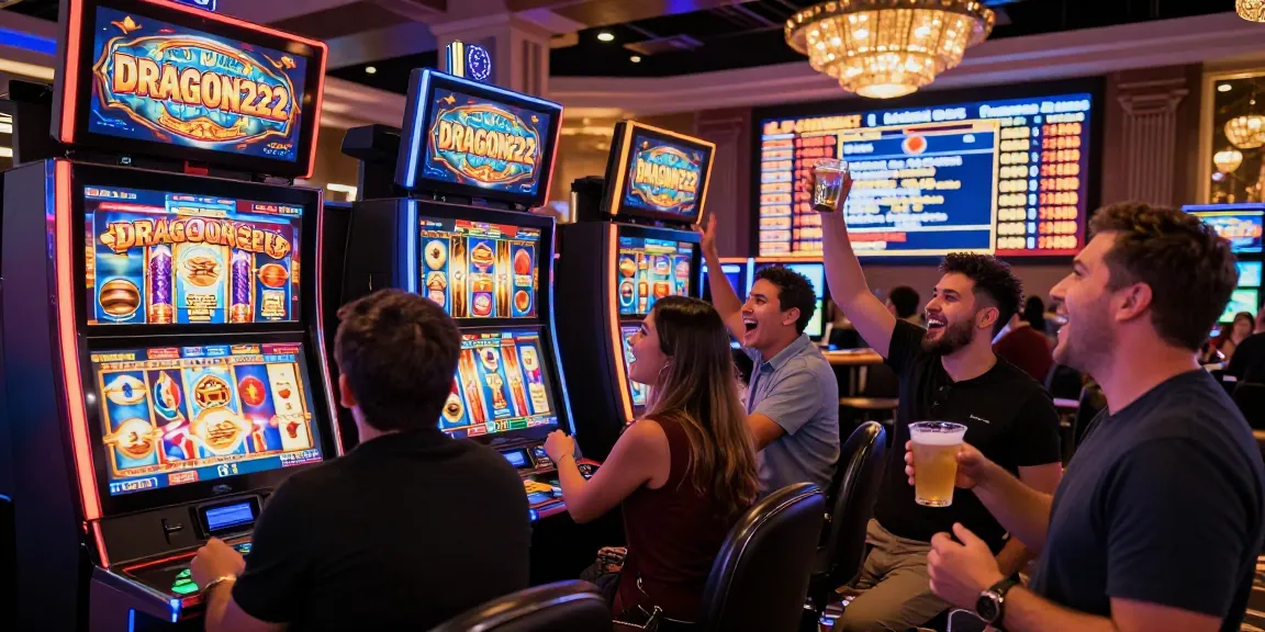 Exciting gaming scene at a casino with the DRAGON222 slot machine, colorful lights and players celebrating wins.