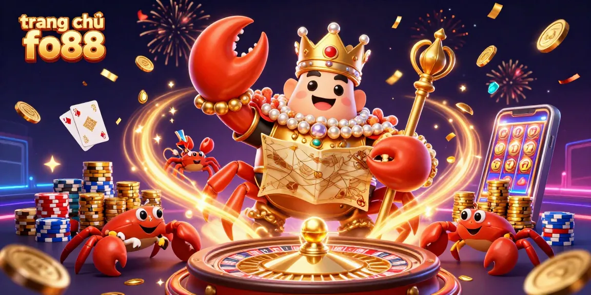 Experience the thrill of winning with trang chủ fo88's golden crab emperor amidst dazzling casino elements.