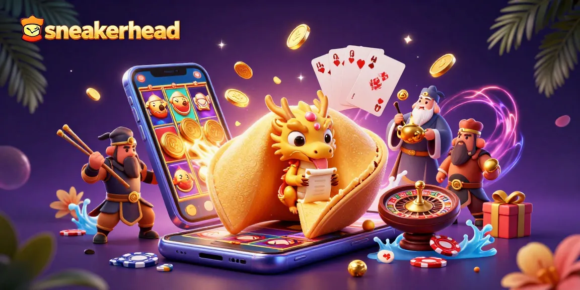 Sneakerhead slots action features a cracking golden fortune cookie with dragon amidst spinning reels and poker elements.