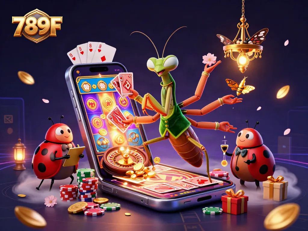 Experience thrilling gameplay at 789F, where the cartoon mantis dealer and ladybug pit boss engage players in card games.