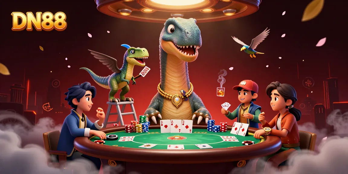 Engage with DN88's dynamic casino scene featuring a towering brontosaurus, raptor dealer, and rich poker elements.