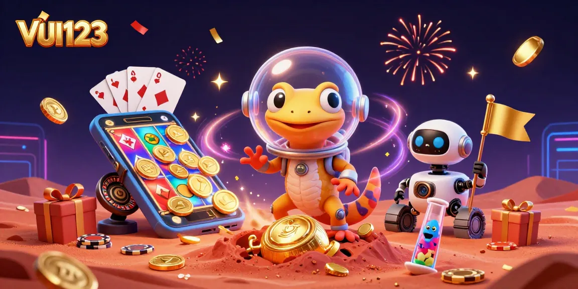 Experience vibrant gameplay with VUI123 in a fun, engaging casino setting featuring 3D characters and slot games.