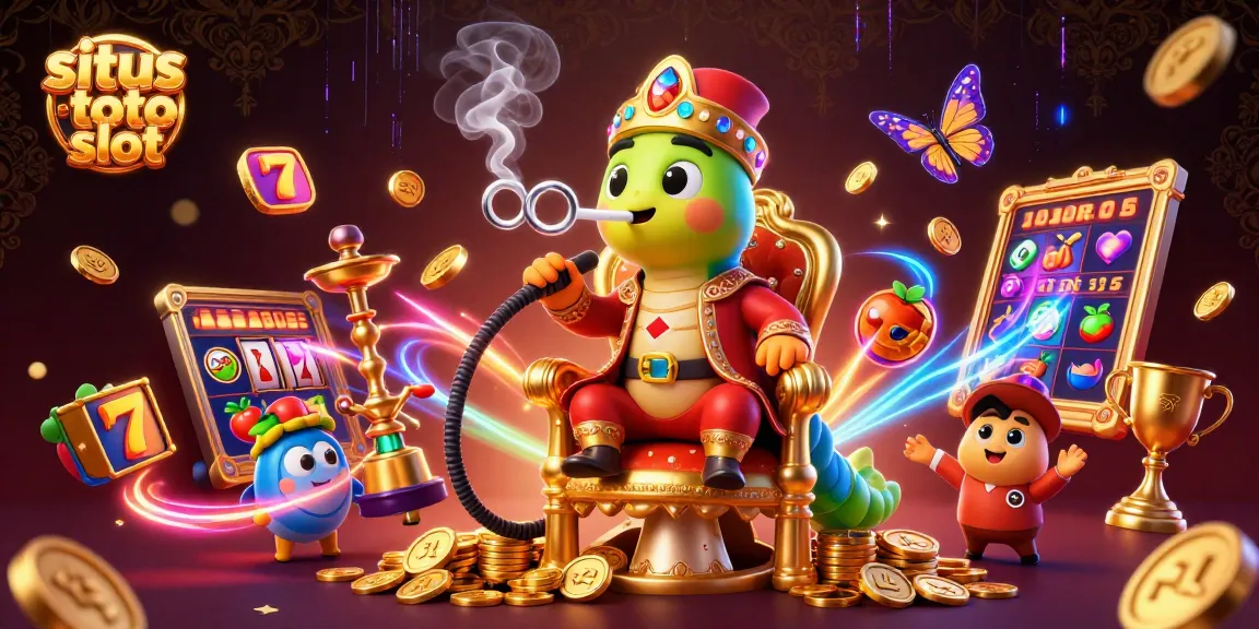 situs toto slot showcases a vibrant 3D cartoon casino scene with slot reels and rich golden elements.