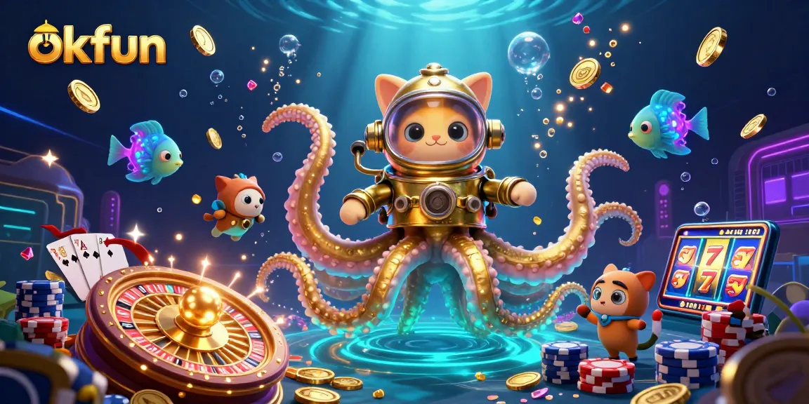 Experience exciting gameplay at okfun with a colorful kraken and diving cat illustration.