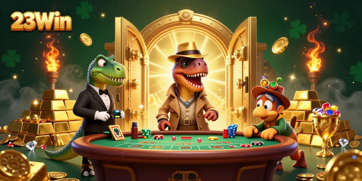 23Win captures a velociraptor card counter in action amidst dazzling casino elements.