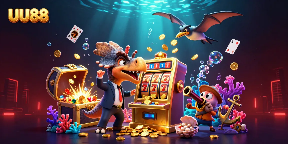 UU88 shows a pachycephalosaurus hitting a slot machine while an ankylosaur watches in a vibrant casino.