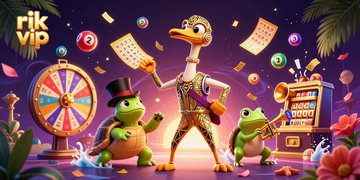 Engage with rik vip for a vibrant, dynamic lottery experience featuring colorful elements and charismatic characters in action.