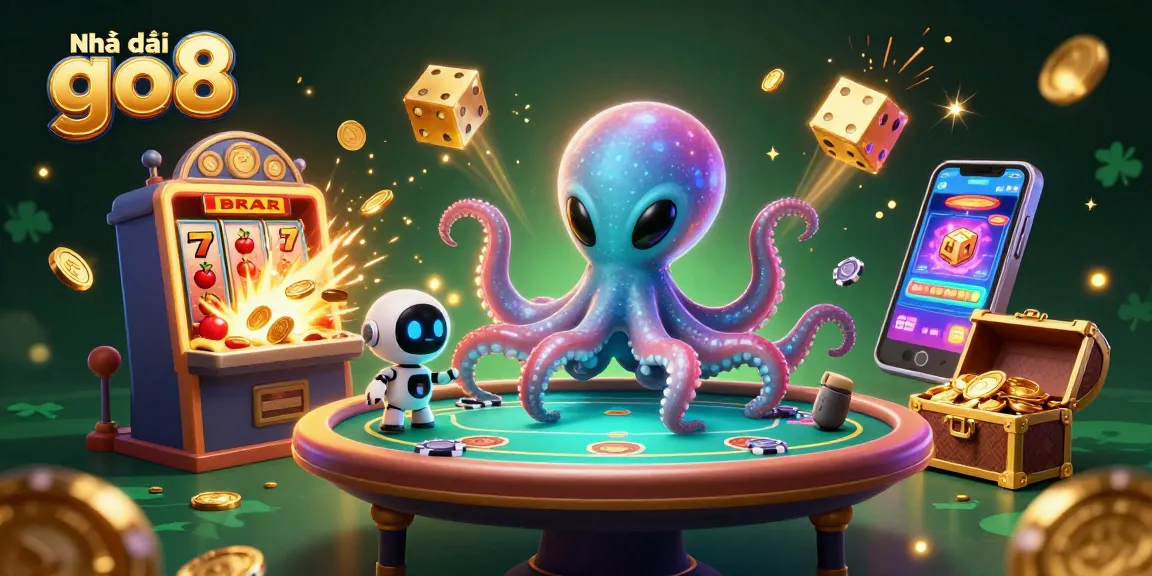 Experience excitement at Nhà cái go8 with a dynamic 3D scene of an alien octopus at a holographic poker table surrounded by thrilling casino elements.