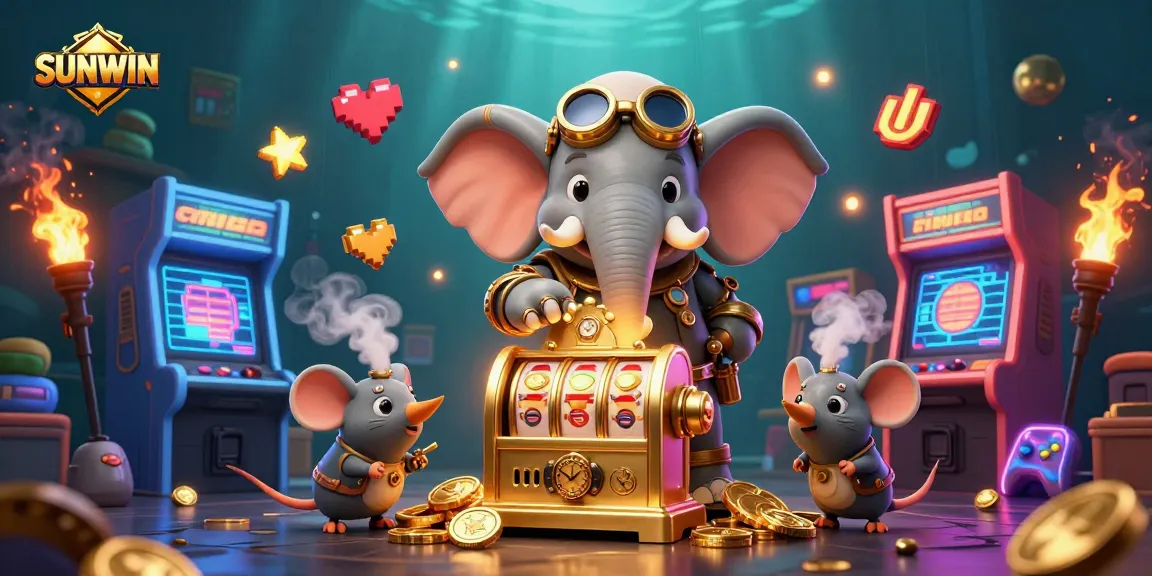 SUNWIN showcases a steampunk elephant operating a slot machine amid vibrant arcade elements and glowing lights.