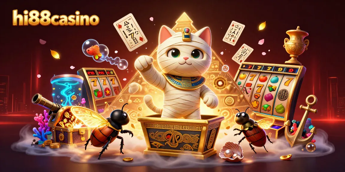 Experience thrilling gameplay at hi88casino with vibrant, dynamic 3D casino illustration featuring a mummy cat and scarab.
