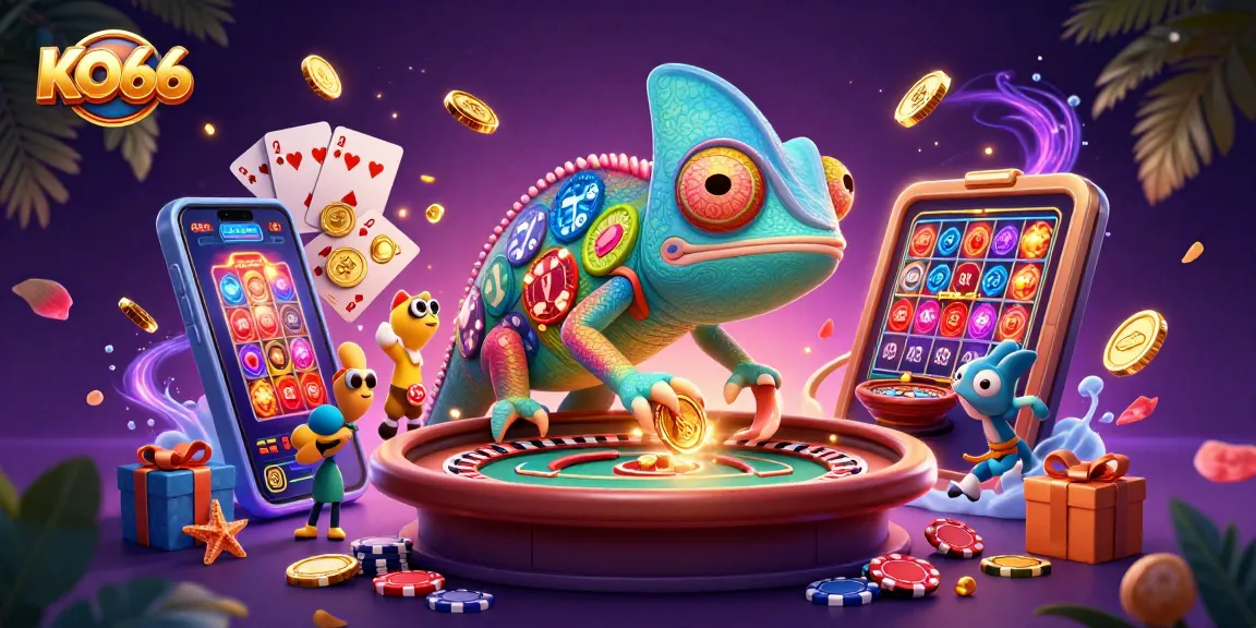 Experience the excitement at KO66 with a vibrant 3D casino scene featuring colorful games and a charismatic chameleon owner.