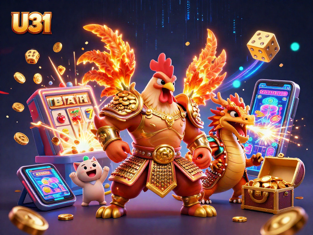 Get ready to win with U31's thrilling gaming experience featuring vibrant slot machines and animated characters.