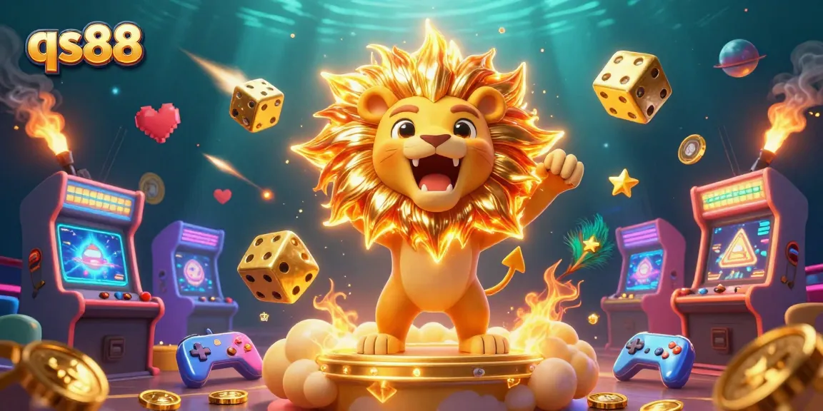 Join the thrilling action of qs88 with a victorious sun lion amidst vibrant casino elements and golden dice.