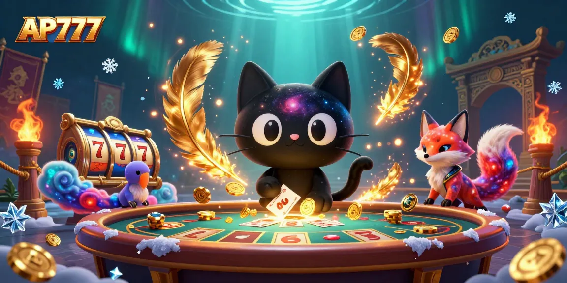 Engage in vibrant AP777 casino action with cartoon characters amidst a swirl of golden chips and slot reels.