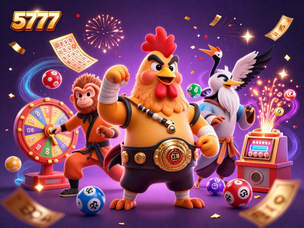 Engage with exciting games on 5777, illustrated by vibrant lottery elements and dynamic characters.