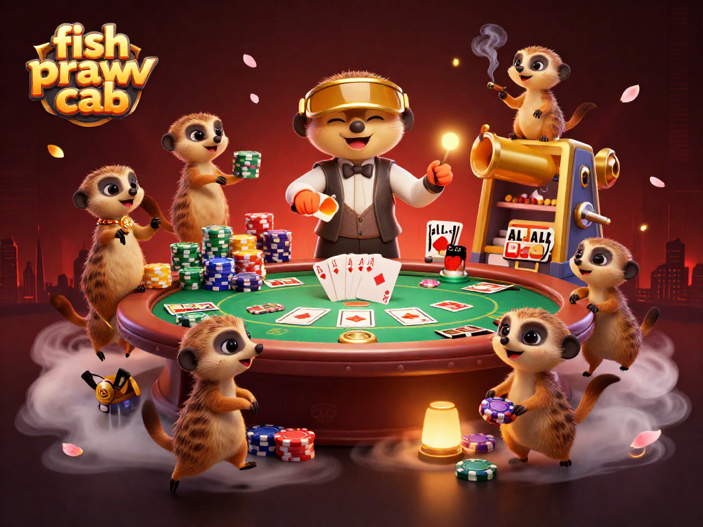 Experience the fun of fish prawn crab in this vibrant, engaging casino scene featuring meerkats.