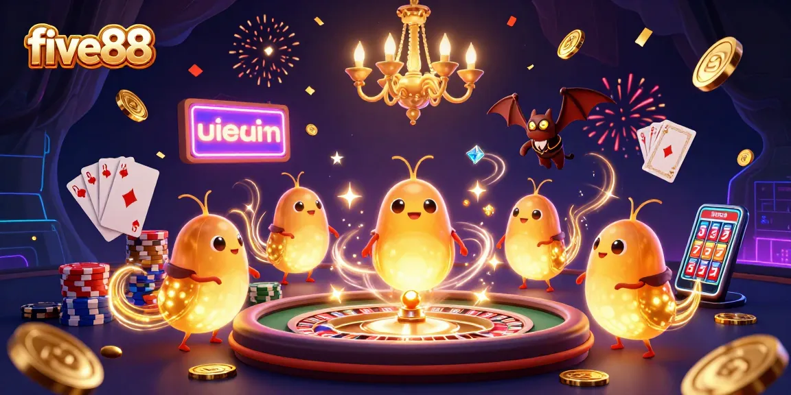 Experience the excitement of five88 as glowworms illuminate a cave casino filled with festive casino elements.