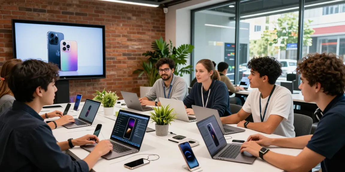 Team of professionals engaging with new iPhone 17 features in a modern tech workspace.